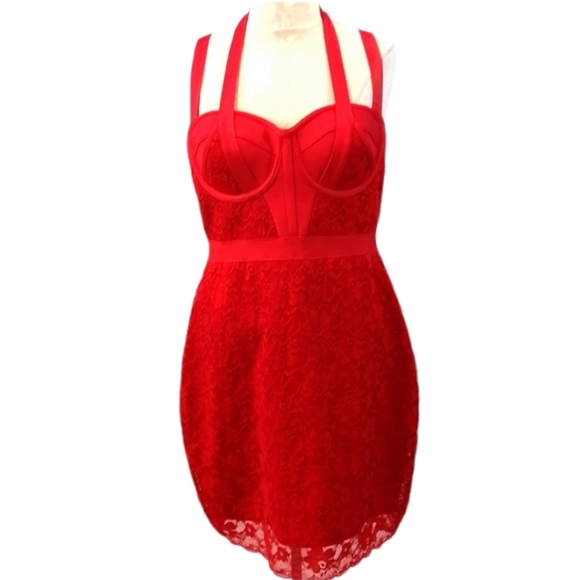 Bebe Red Lace Multi Halter Bustier Dress Bodycon - Picture 5 of 16